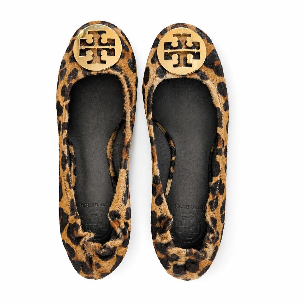 100% Genuine Leather and Calf Hair Tory Burch Reva Leopard Ballet Flats Size 7 - Picture 3 of 8
